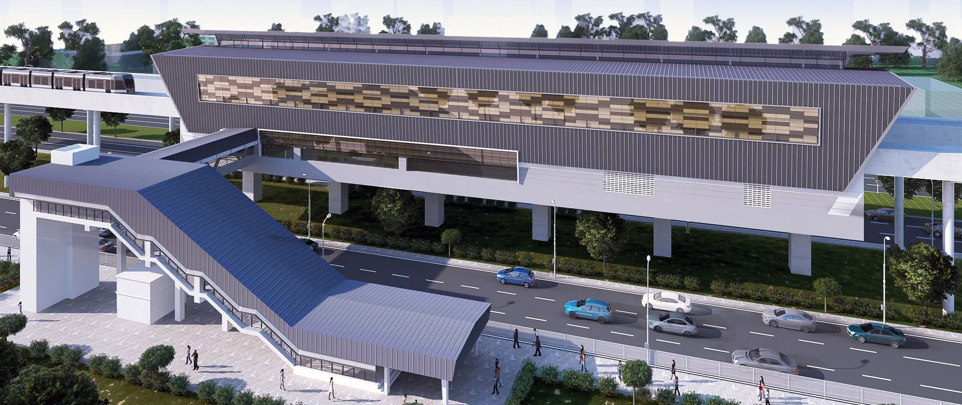 Render of an LRT 3 station with its pedestrian link bridge and landscaped road verges